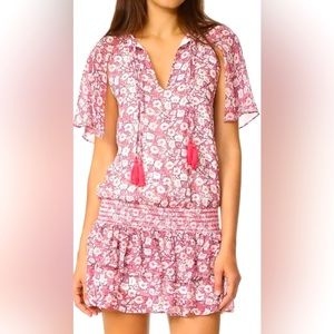 REBECCA MINKOFF Pebble Poppy Floral Drop Smocked Waist Mini Dress Tassel Ties